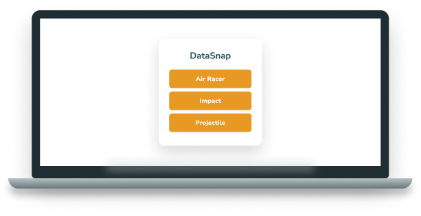 DataSnap app running on a laptop showing Air Racer, Impact, and Projectile options