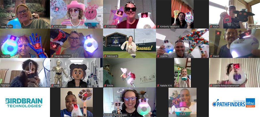 2025 Infosys Pathfinders class showing off their Strawbees and micro:bit creations